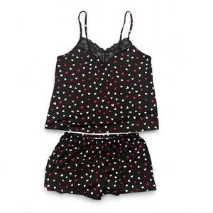 Joyspun Women's Black Heart-Print Lace Trim Cami & Short Sleep Set size S